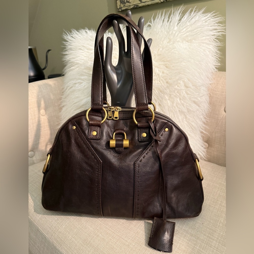 Yves Saint Laurent Dark Brown Leather Satchel with Gold Hardware